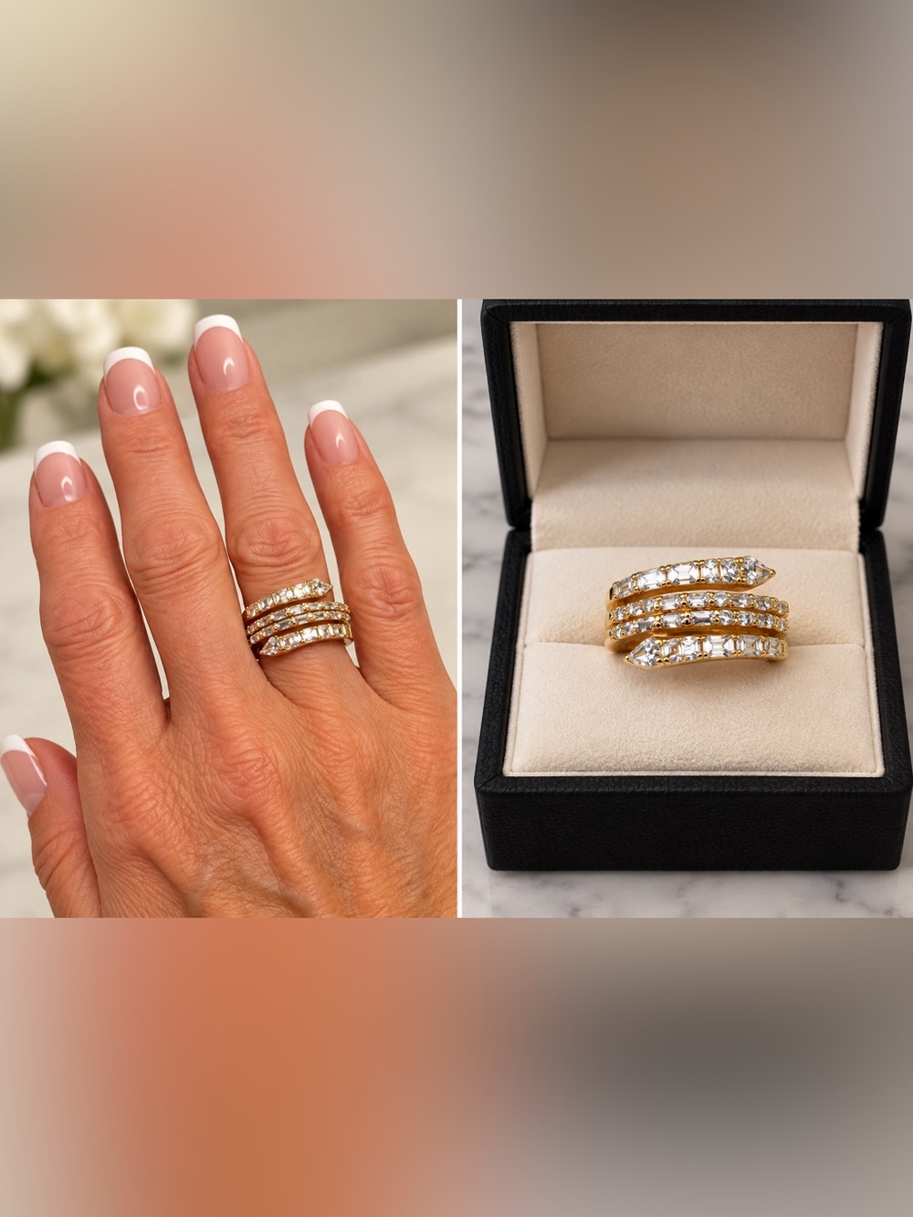 Gold Crystal Triple-Row Snake Ring Adjustable
